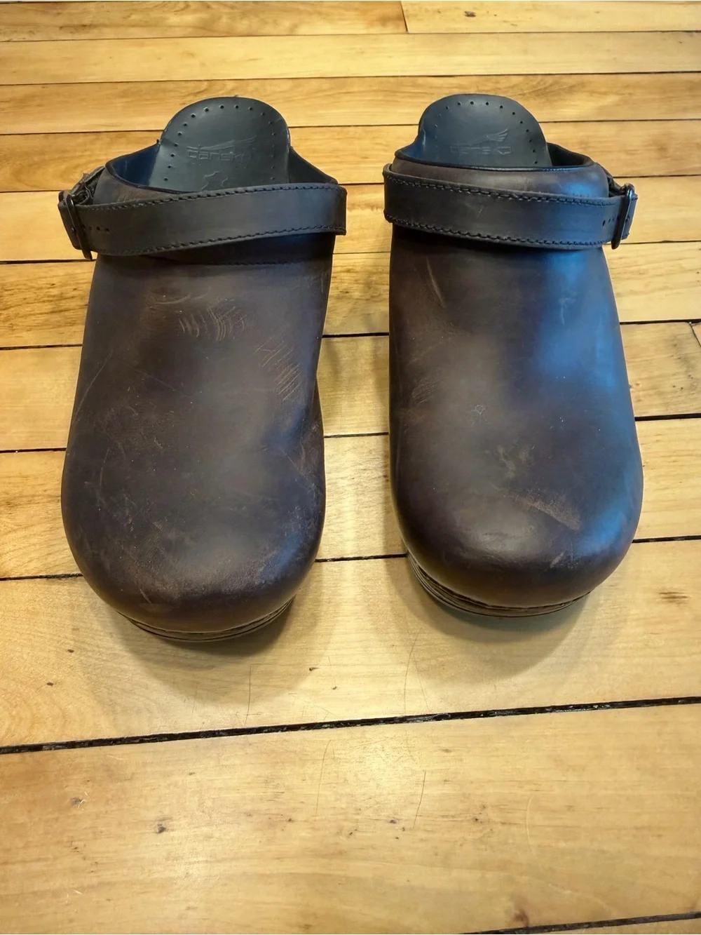 Dansko Dark Brown Leather Slip-On Clogs with Adjustable Strap - Picture 1 of 5